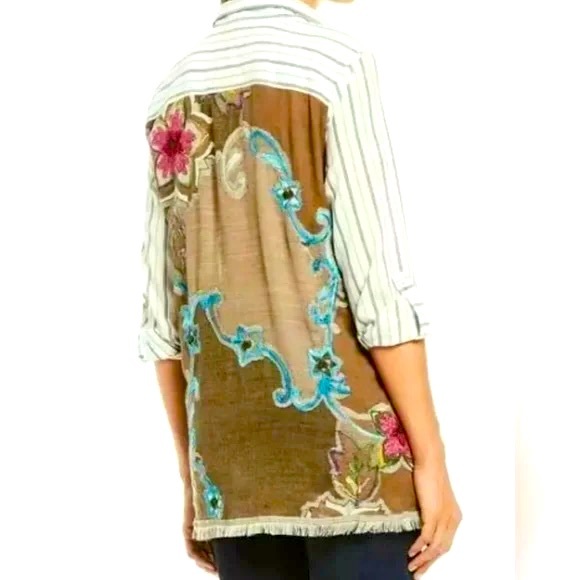 John Mark Tops - JOHN MARK Soho Boho Striped Embroidered Long Sleeve Button Down Tunic Shirt M
